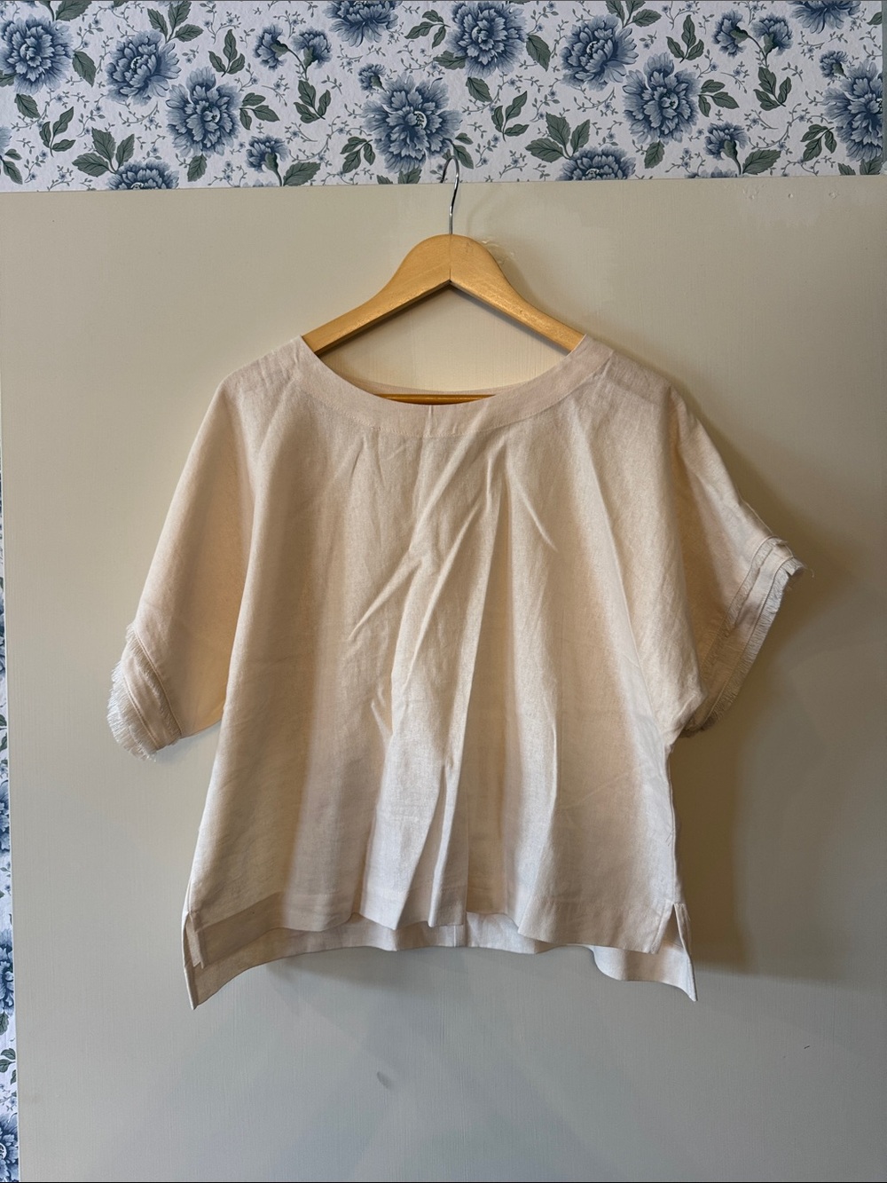 Anne Klein Cream Short-Sleeve Linen-Blend Boxy Top